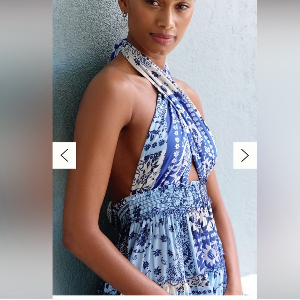 Agua Bendita Moana Atma convertible mini dress blue white ruffled floral $330 - Picture 7 of 14